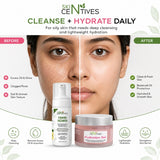 A before-and-after skincare comparison graphic for SKIN CERVANTES, showing a woman's face split down the middle with 'BEFORE' on the left and 'AFTER' on the right. Below the face are two products: a white foam cleansing bottle labeled 'Foaming Facial Wash' and a pink jar labeled 'Hydration Gel'.