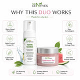 A promotional graphic for a skincare duo by Skin Civitates, featuring a white foaming facewash bottle and a pink hydration gel jar, surrounded by benefit callouts and watermelon/leaf props on a white background.