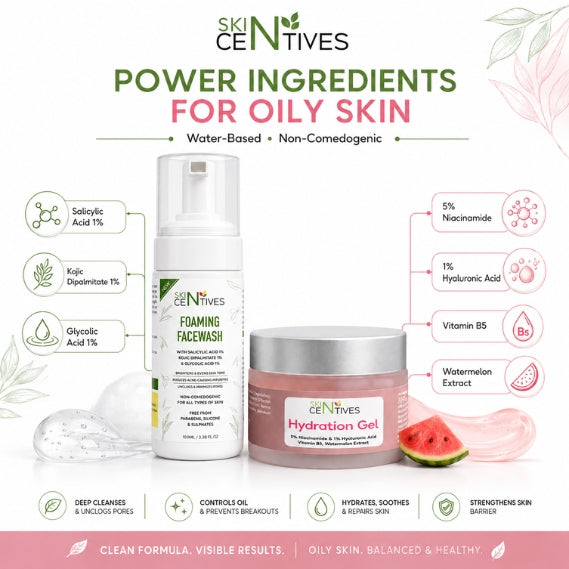 A promotional graphic for Skin Civics skincare showing two products: a white Foaming Facewash bottle and a pink Hydration Gel jar, with ingredient callouts and icons on a white background.