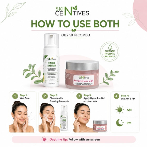 A skincare usage infographic for a Skintives oily skin combo, showing two products (foaming facewash and hydration gel) alongside four illustrated steps of how to use both, with daytime and nighttime usage icons.