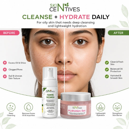 A before-and-after skincare comparison graphic for SKIN CERVANTES, showing a woman's face split down the middle with 'BEFORE' on the left and 'AFTER' on the right. Below the face are two products: a white foam cleansing bottle labeled 'Foaming Facial Wash' and a pink jar labeled 'Hydration Gel'.